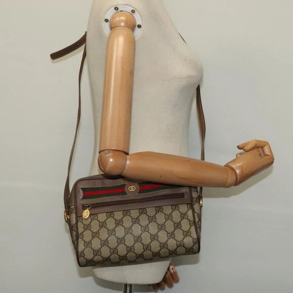 GUCCI GG Supreme Web Sherry Line Bag PVC Beige Gold 001 44 6655 Auth 131721 - Picture 13 of 15